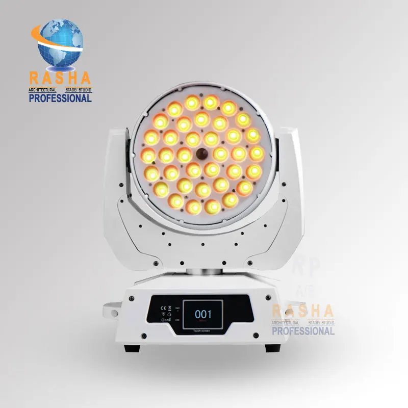 

Rasha New Arrival 36pcs*18W 6in1 RGBAW+UV Zoom LED Moving Head Wash With Touch Screen LCD Diplay,DMX IN&Out, Powercon 110-240V