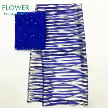 

African Real Silk Lace Fabric With Net Lace Royal Blue Stones And Beads Chiffon Silk Fabric For Idnian Women Dresses Material