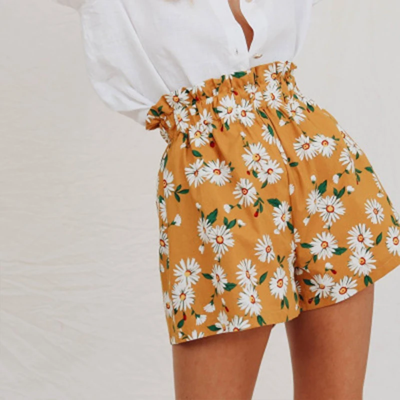 

Summer 2019 Fashion Chiffon Women Shorts Street Wear Casual Print Wild Shorts Women's High Waist Shorts Yellow Women Shorts