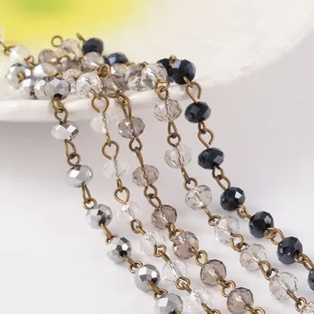 

Handmade Glass Beaded Chains for Necklaces Bracelets Making, with Antique Bronze Tone Brass Eyepins, Colorful, 39.3"; about