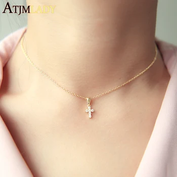 2018 high quality gold filled 925 sterling silver pave AAA cz tiny cute cross pendant chocker necklace cz charm necklack jewelry