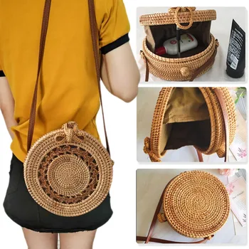 

Fashion rattan bag hand-woven PU shoulder strap round women's shoulder bag 2019 new summer straw beach bag handbag women bag