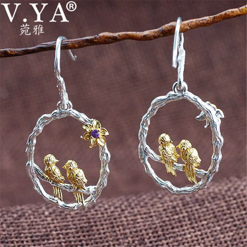 

V.YA Oval 925 Sterling Silver Earrings Natural Creative Handmade Bird Flower Earrings for Women Brincos Birthday Gifts
