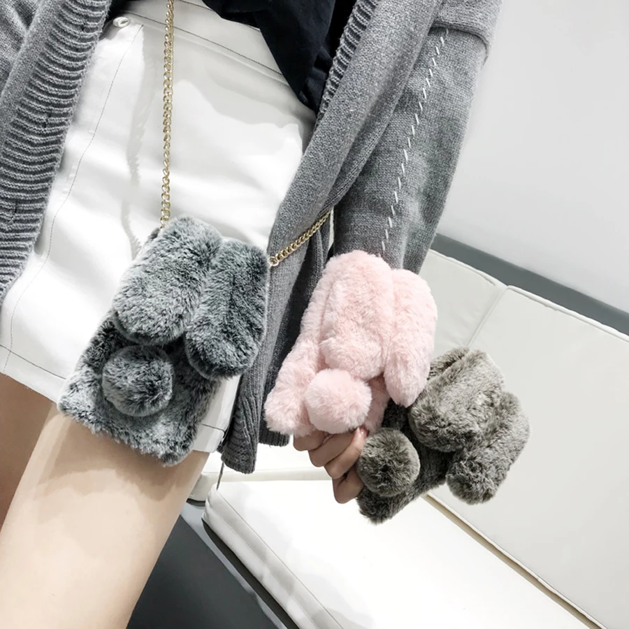 

For iphone 8 7 Plus X XR XS MAX case cover 3d warm rabbit fur with 2 in 1 chain strap soft silicon cases for iphone 6 6s plus