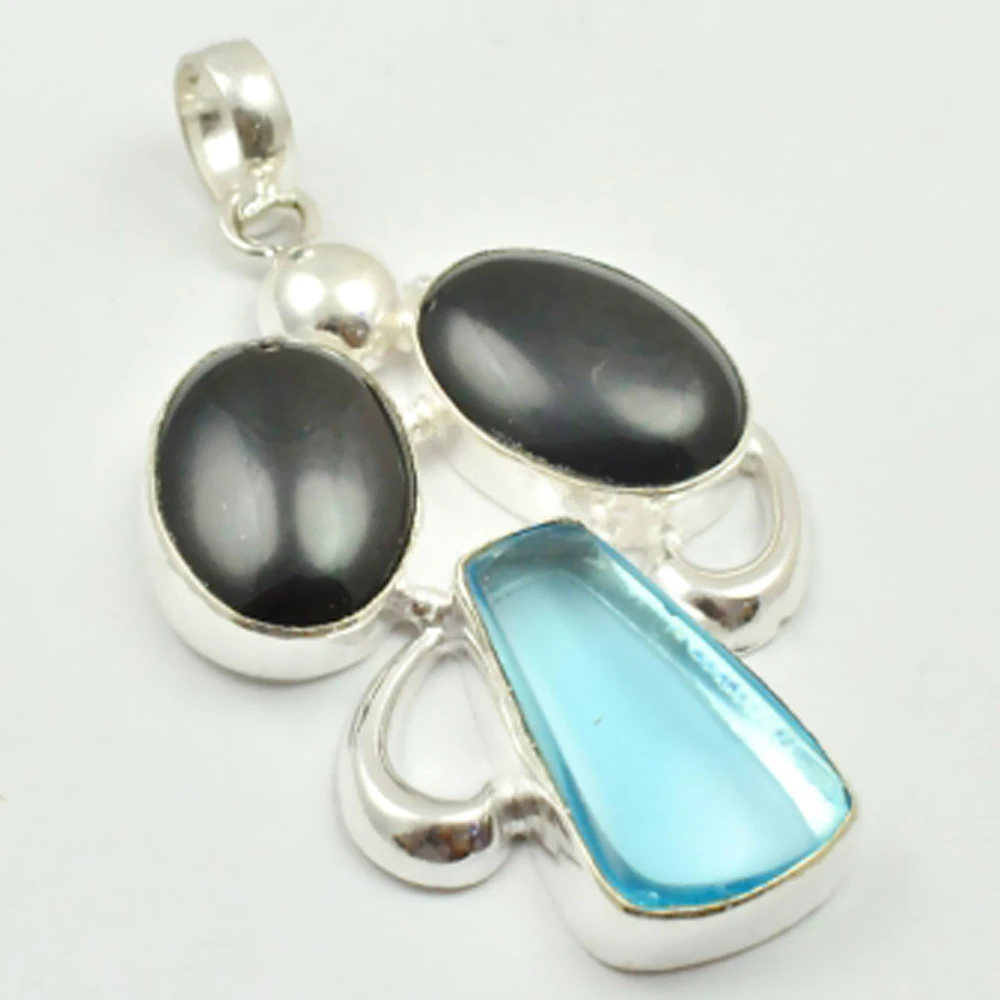 Iolite & Black Onyx Ciondolo In Argento Overlay Su Rame, 60Mm, P3332