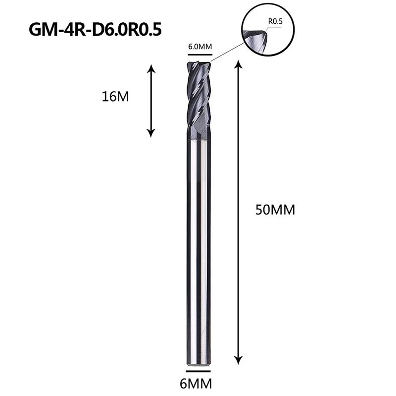 GM-4R Вольфрамовая сталь 4 флейты радиус с угловым покрытием Концевая фреза Фрезерный резак режущие инструменты для обработки металла профиль HRC45 - Длина режущей кромки: GM-4R-D6.0R0.5