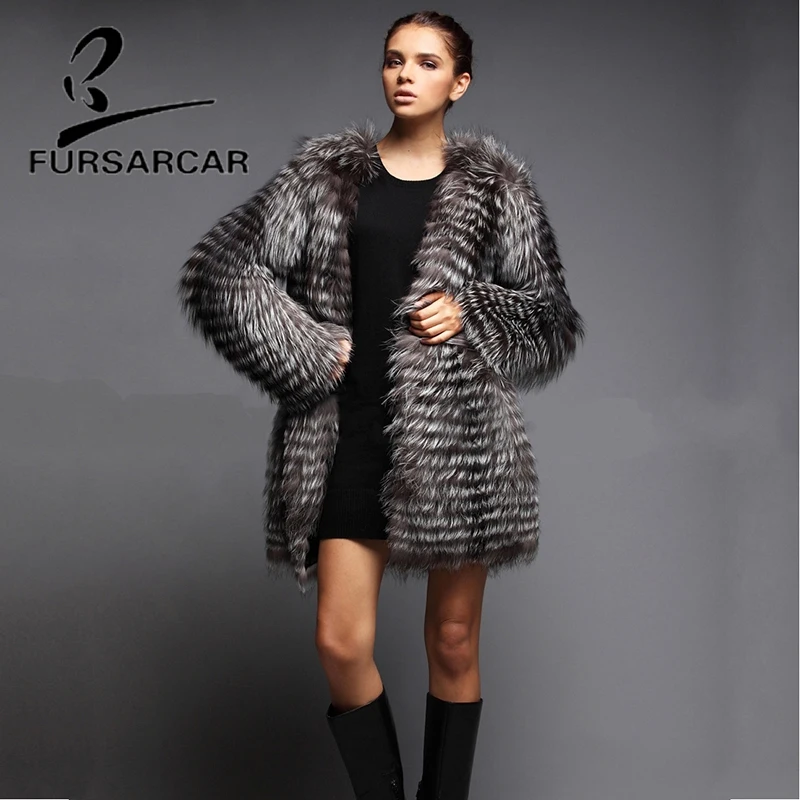 FURSARCAR New Real Natural Silver Fur Women Warm Winter Coat Fashion Luxury Genuine Fur Jacket Outerwear For Female Garment