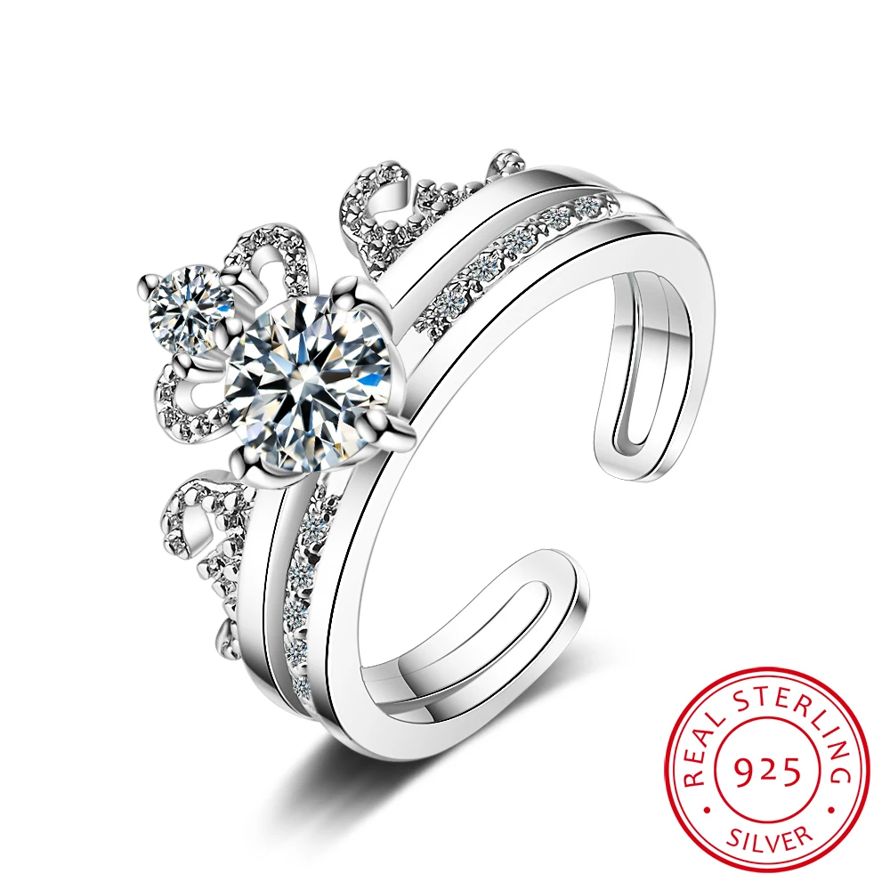 

100% 925 Solid Real Sterling Silver High Quality Crown Cz Opening Ring 5 6 7 For Women Girl Wife Birthday Present