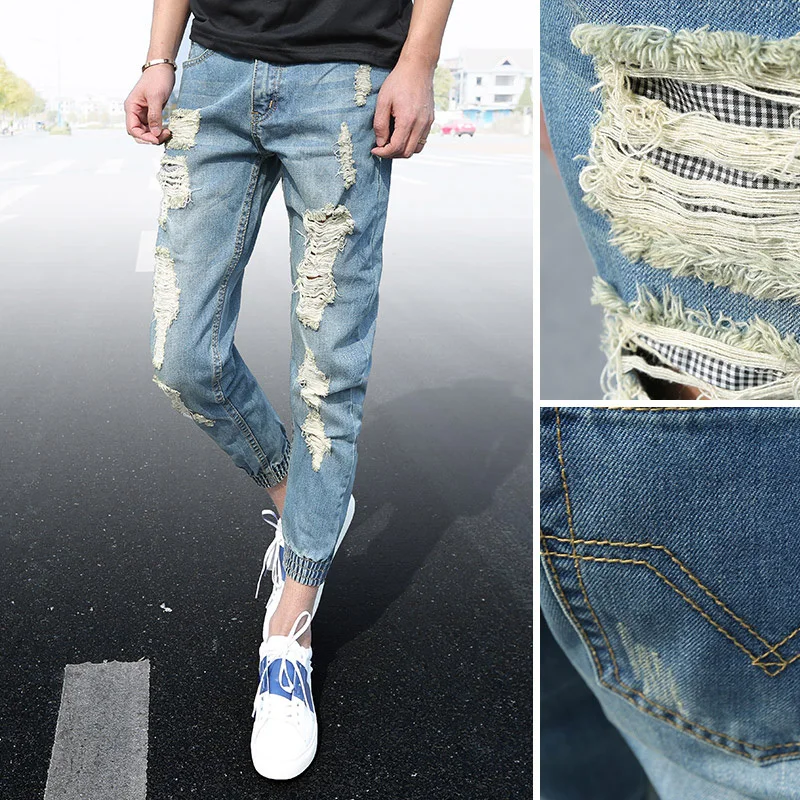 Very low prices new mens jeans hole jeans straight men's jeans button loose frayed denim jeans