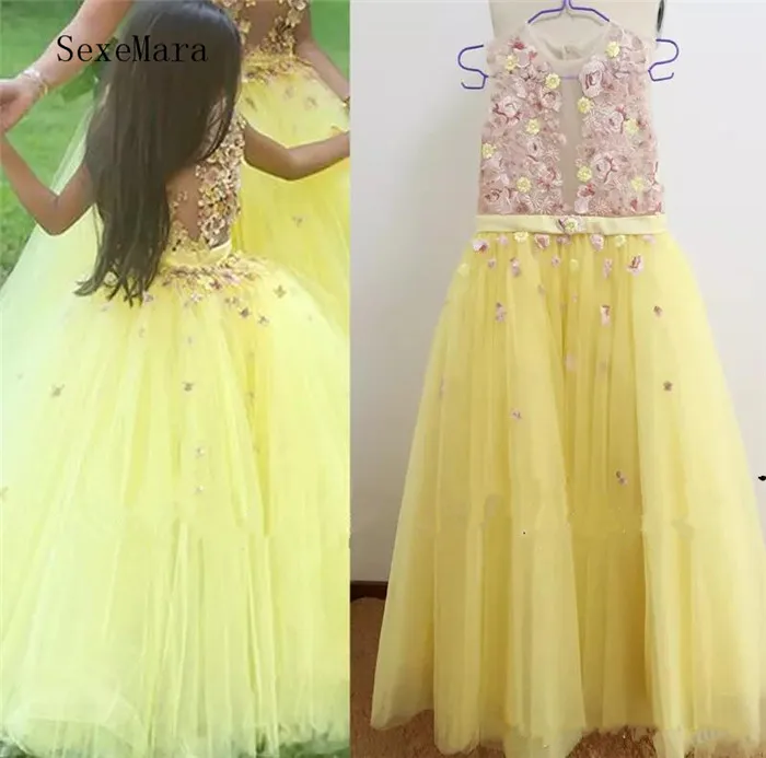 Real Picture Flower Girls Dresses Embroidery Lace Appliques Sheer Bodice Yellow Tulle Floor Length Little Girls Pageant Gown