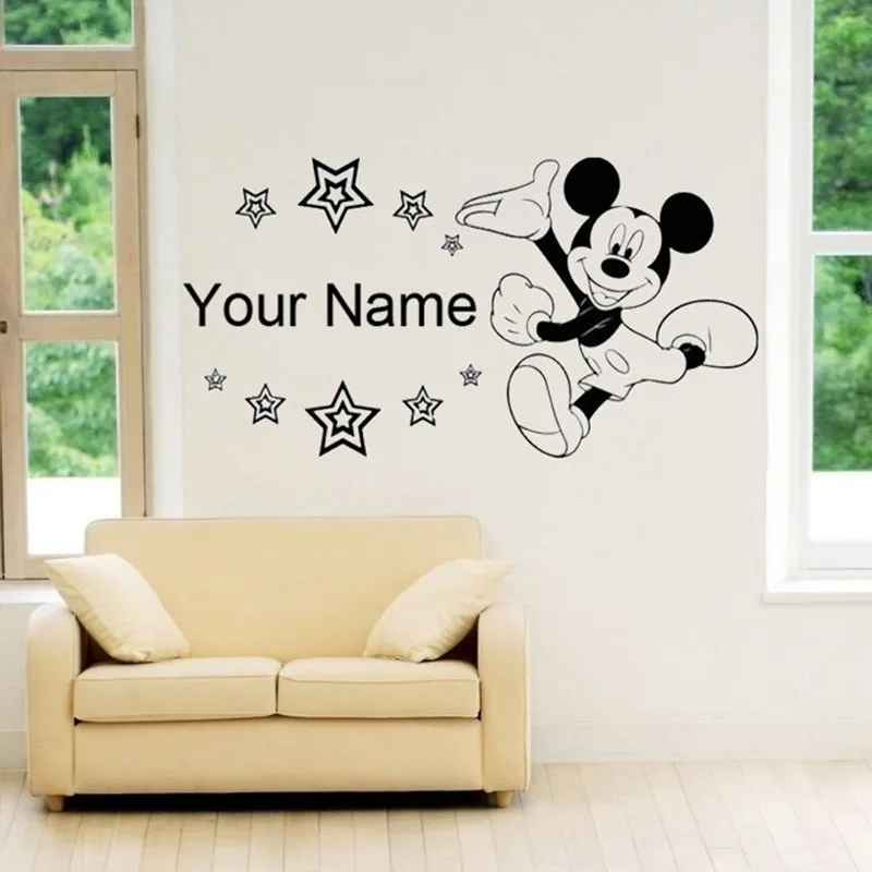Nombre personalizado con las estrellas Niños pared arte pegatina de pared niños habitaciones decoración tamaño 90x45 cm Mickey Mouse etiqueta engomada de la pared del vinilo
