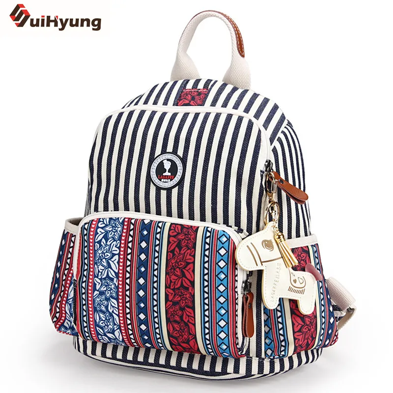 

Suihyung New Women Canvas Bag National Wind Stripe Printed Backpack Large Capacity Travel Bag Mother Backpack mochila feminina