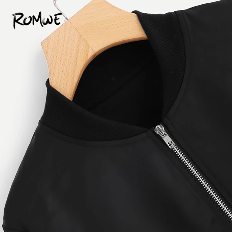 remarkable  ROMWE Black Solid Zip Up Front Bomber Jacket Autumn Women Casual Stand Collar Clothing New Design L