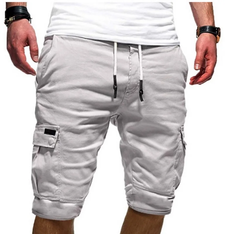 Shorts Men Summer Casual Shorts Streetwear Men's Cargo Multi-pocket Shorts Solid Color Drawstring Fashion Shorts - Color: White