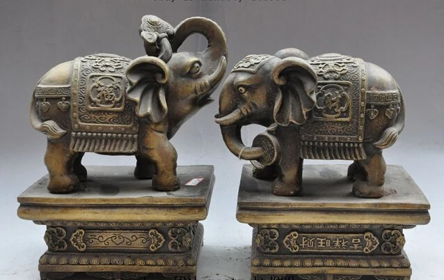 

005593 10" china bronze fengshui animal Elephant Auspicious lucky ruyi base statue pair