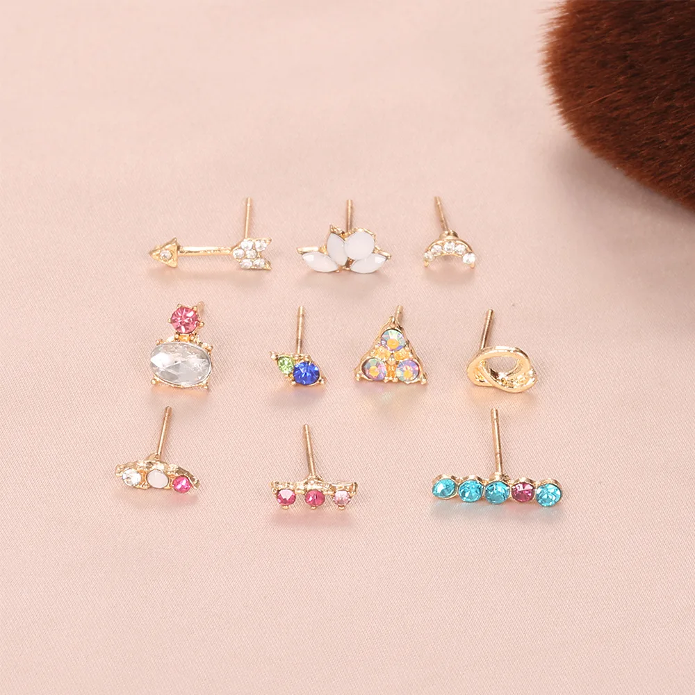 5 Pairs Minimalist Mix Small Crystal Moon Arrow Flower Earring Set Simple Geometric Stud Earrings for Women Girls Tiny Ear Studs