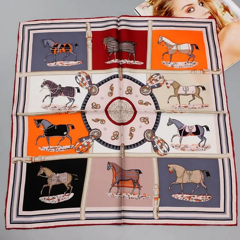 

HANSCARF Horse Printed 100% Silk Twill Scarf, Women Ladies Quality Hand Rolled Small Square Silk Scarfs Necktie Bag Scarf 55cm