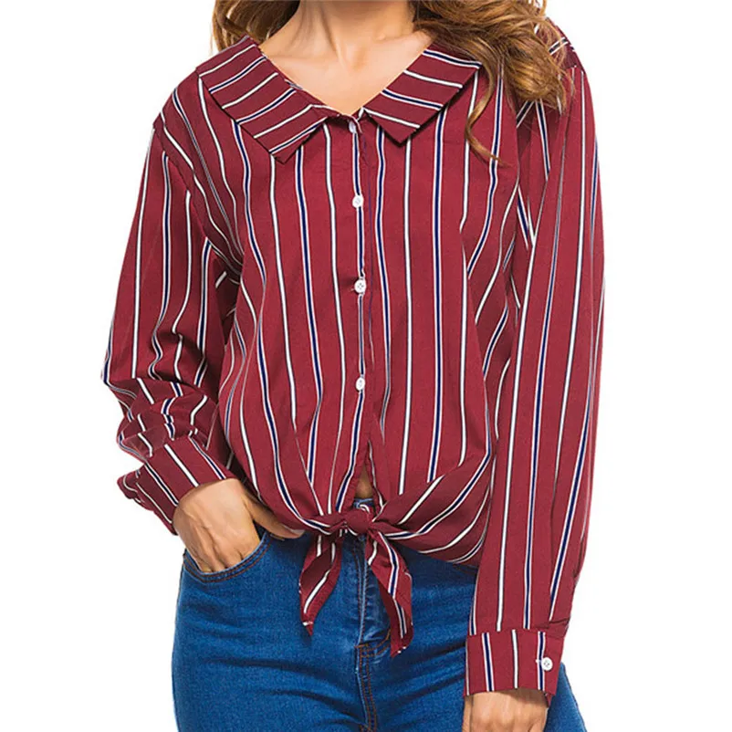 Fashion womens tops and blouses 2018 Womens Bow Striped Lapel Neck Button Long Sleeve Shirt Tops Blouse camicette A06#N  (4)