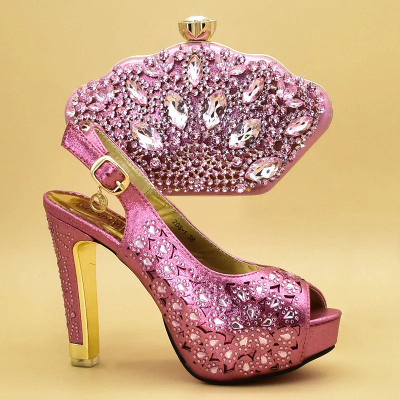 New Arrival Pink Color Italian Shoes with Matching Bags Decorated With Crystal Womens Dress Shoe Open Toe Women Shoe and Bag Set New Arrival Pink Color Italian Shoes with Matching Bags Decorated With Crystal Womens Dress Shoe Open Toe Women Shoe and Bag Set