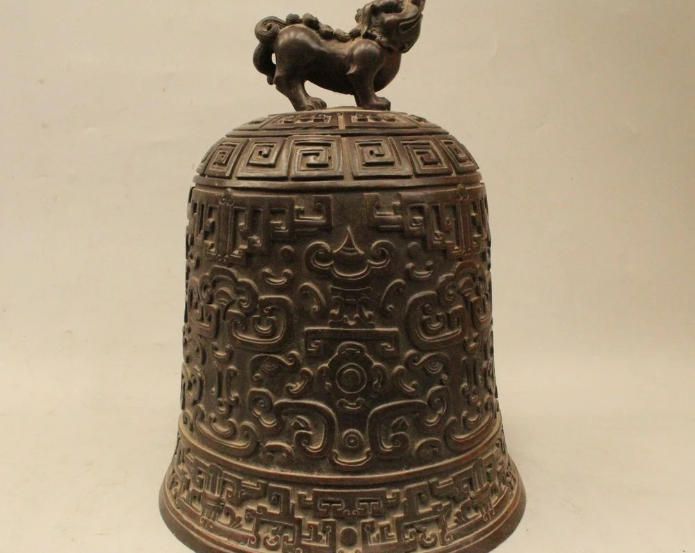 

10" Chinese temple Buddhism Copper Lion Foo Dog Beast Statue Zhong Bell