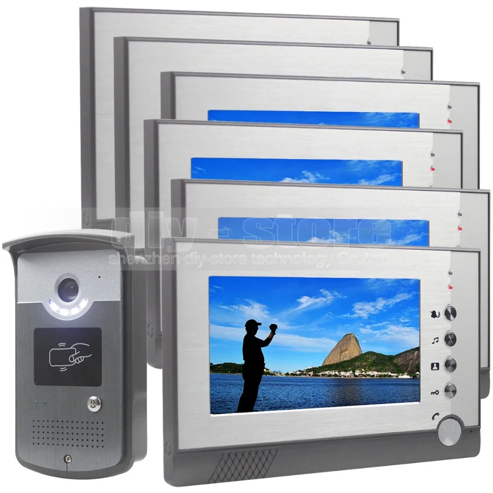 DIYSECUR 7inch Video Door Phone LED Night Vision RFID Unlocking Home Security Intercom System 1-Camera 6-Monitor