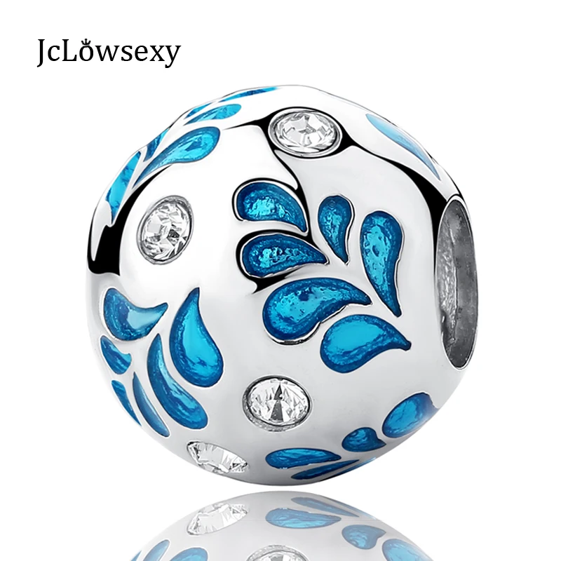 

Authentic S925 Sterling Silver Bead Blue Enamel Tree Leaves CZ Clear Crystal Charm Fit Original Pandora Bracelets DIY Charms