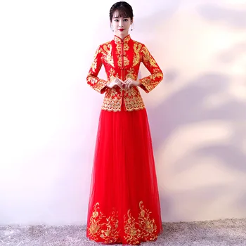 

Red embroidery Cheongsam Sexy Qipao Dresses Long Chinese Traditional Wedding Dress Oriental Wedding Gowns Bride Traditions