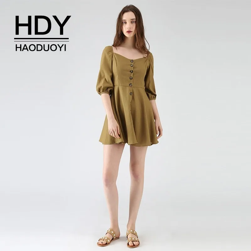 

HDY Haoduoyi Women Vintage Square Callar Puff Sleeve Dress 2019 New Summer High Waist Breaf Solid A-line Above Knee Mini Dress