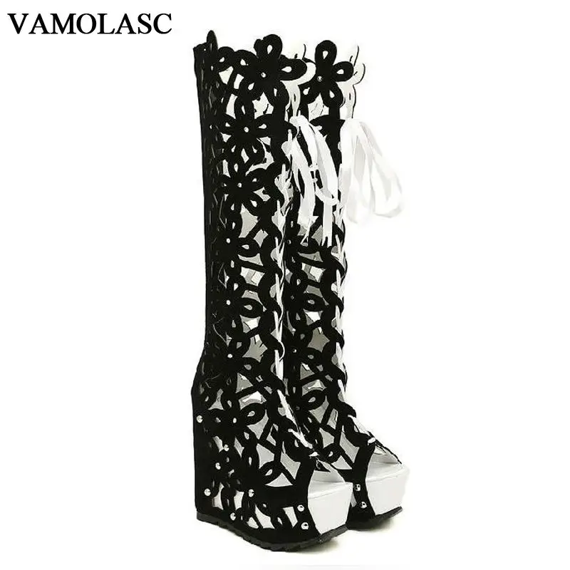 VAMOLASC New Fashion font b Women b font Autumn Summer Leather Knee High Boots Sexy Lace