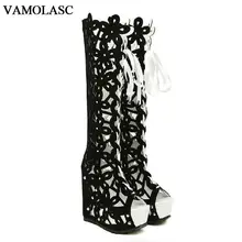 VAMOLASC New Fashion Women Autumn Summer Leather Knee High Boots Sexy Lace Up Wedge 13cm High Heel Boots Platform Women Shoes