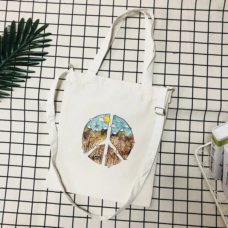 

2019 Ins Hot Canvas Bag Folding Simple Zipper Shopping Bag Reusable Shopper Print Tote Cloth Bag Middle Size alisveris torbasi