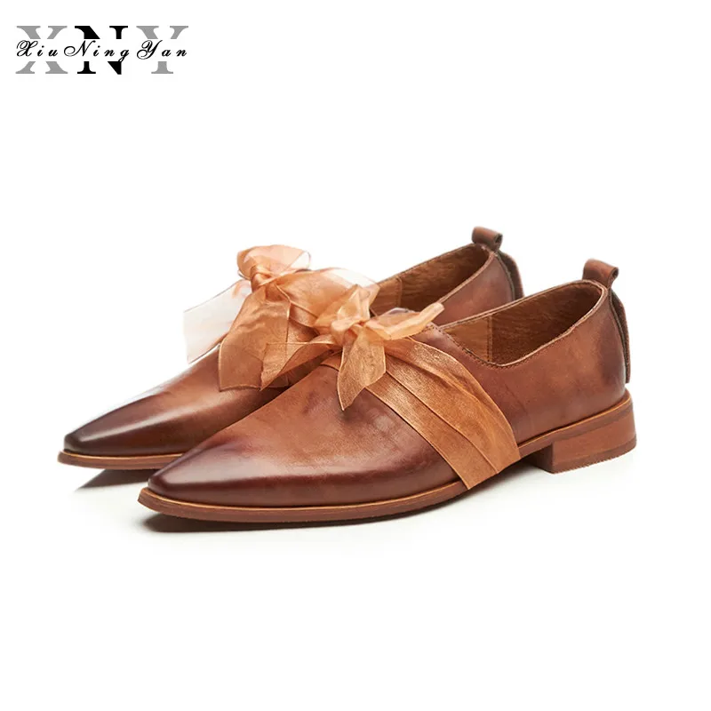 

XiuNingYan Women Flats Oxford Shoes Flat 100% Genuine Leather Vintage Shoes Square Toe Handmade 2018 Oxfords Shoes for Woman