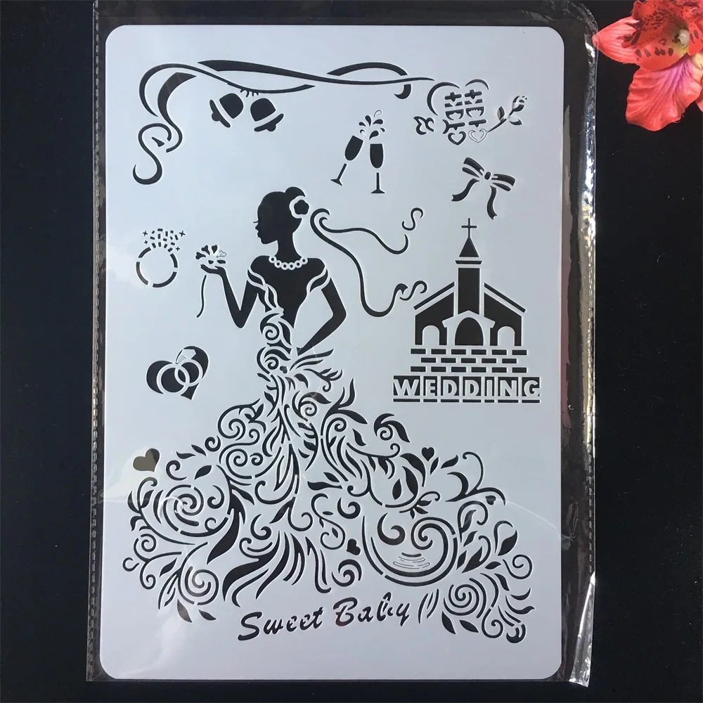 

A4 Wedding Party Bride Dress DIY Craft Layering Stencils Painting Scrapbooking Stamping Embossing Album Paper Card Template