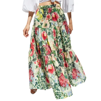 

Summer skirt 2019 casual long skirts womens high waist skirt ruffles womens clothing print loose skirt