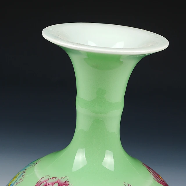 Antique Jingdezhen Celadon Peony Vase Furnishing Articles Green Glaze Peony Flower Study Decorative Ceramic Arts and Crafts 2