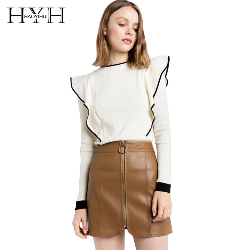 Beste HYH HAOYIHUI Kleurblok Basic Trui Vrouwen O hals Ruches Lange Mouw Truien Dames Mode OL Gebreide Wit Jumpers Vrouwelijke