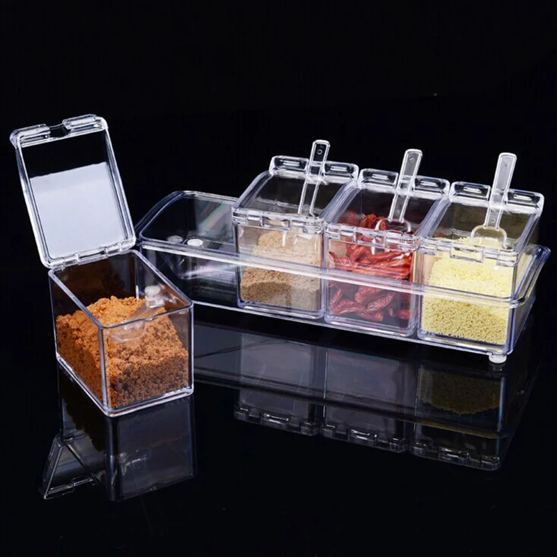 

Clear Acrylic condiment set spice box with spoon seasoning salt shaker salt and pepper spice cans kitchen accessories
