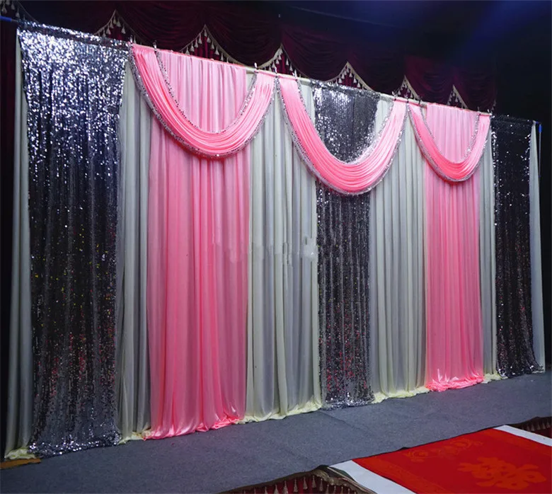 

Good Looking All Ivory background with Pink Color drapes and silver sequin fabric Backdrop Curtain For Wedding DeCcoration
