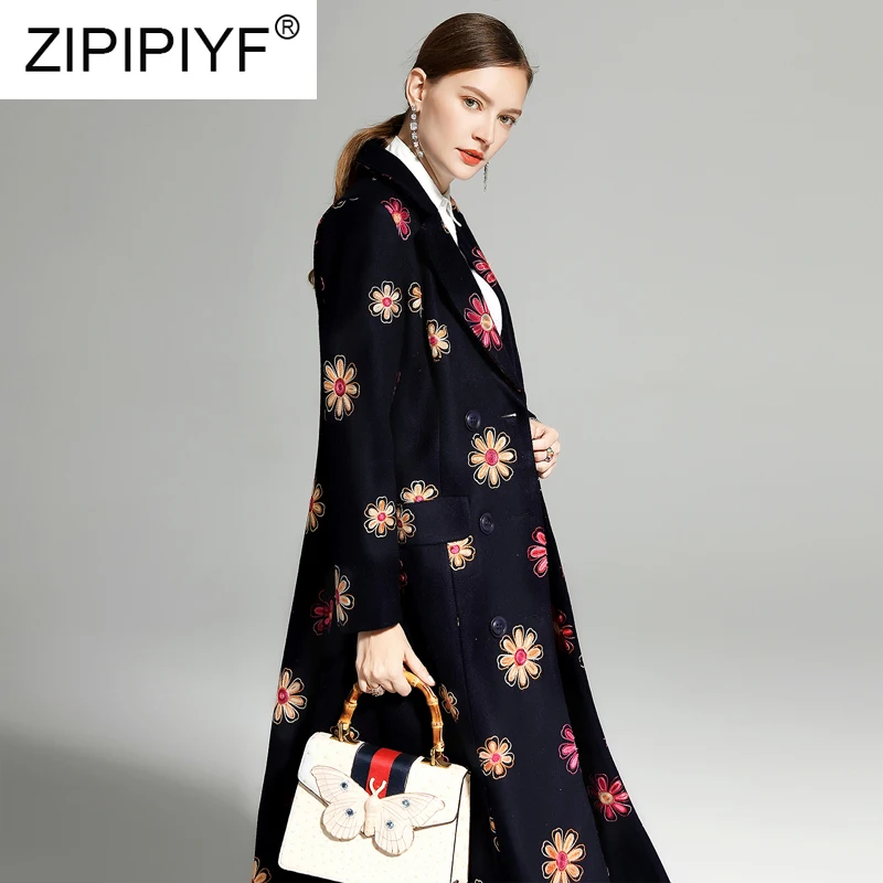 

Casual Vintage Women Long Woolen Coats Floral Embroidery Long Sleeve Double-breasted Dark Blue Long Overcoats Elegant Coats Z343