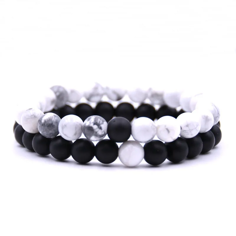 

Kanghua 2Pcs/Set Couples Distance Bracelet Classic Natural Stone White and Black Beaded Bracelets for Men Women Best Friend