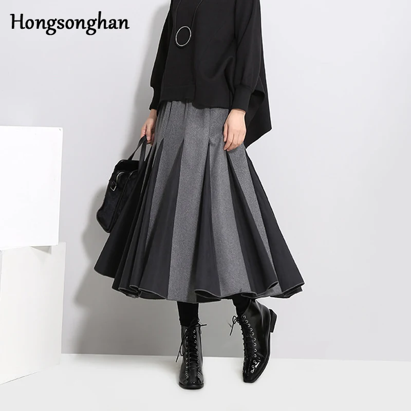 Hongsonghan шерстяная юбка для осени и зимы новая Корейская версия Лоскутная цветная плиссированная универсальная длинная юбка с высокой талией
