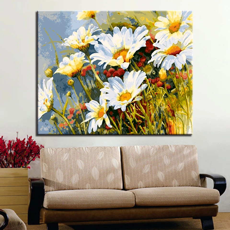 

Frame DIY Digital Oil Painting By Numbers Kits White Sunflowers Colors Drawing For Kids Unique Gift Modular Canvas Art Picture