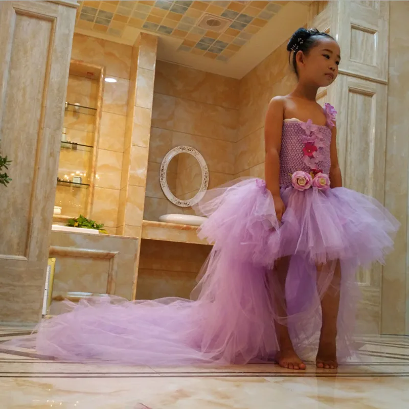 Свадебное платье принцессы с цветочным узором для девочек; праздничное платье-пачка для девочек детское элегантное официальное платье из тюли с длинным шлейфом - Цвет: Lavender
