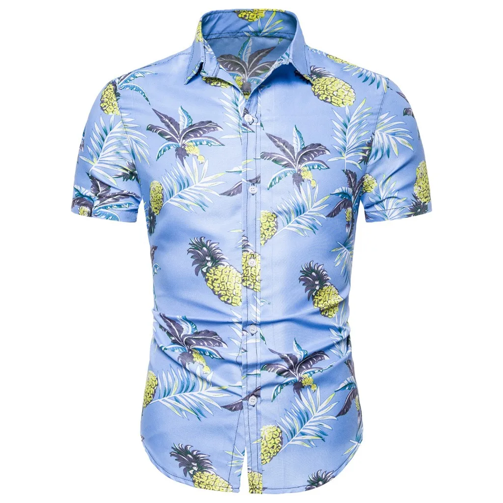 

Hot Fashion Men Summer Hawaiian Cotton Short Sleeve Basic Shirt Blouse Fit Slim Printed Top Men Shirt 2019 New Arrivals
