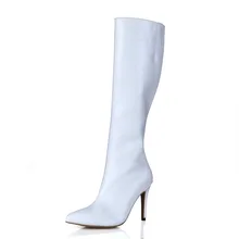 2016 New high heels women pointed toe SEXY black/white PU patent leather knee high motorcycle boots shoes for women long boots