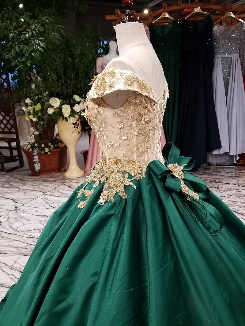 Vestido noiva свадебное платье невесты Винтаж Охотник зеленый атлас золотые кружевные аппликации Формальные платья Часовня Поезд с бантом сзади