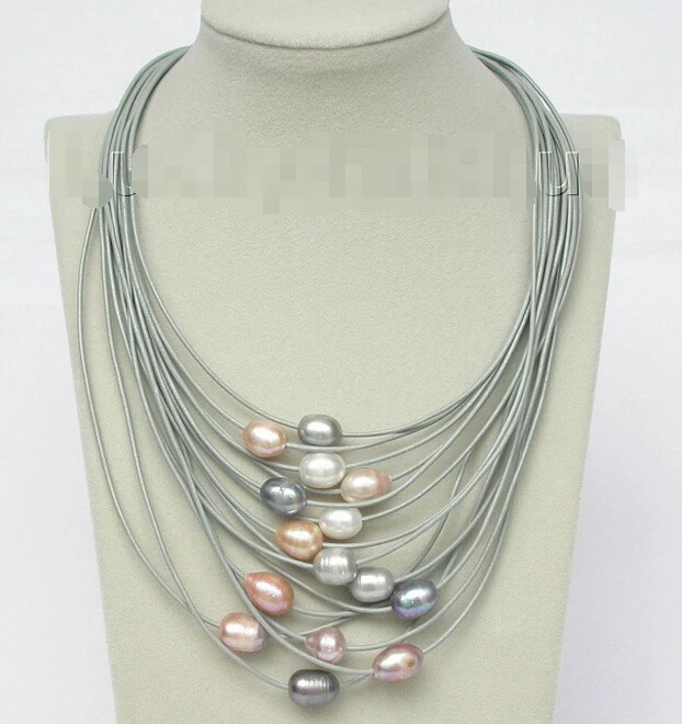 

17"-24" 15row 14mm purple Gray pink white pearls leather necklace j8795Noble style Natural Fine jewe fast SHIPPING