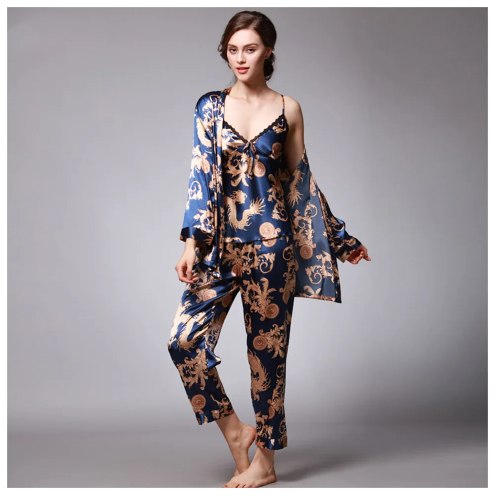 

Maternity 3 Pieces Sleepwear Satin Pajamas for Women Elegant Female Sexy Lace At All Seasons Silk Pajamas Set Coat+Vest+Pants