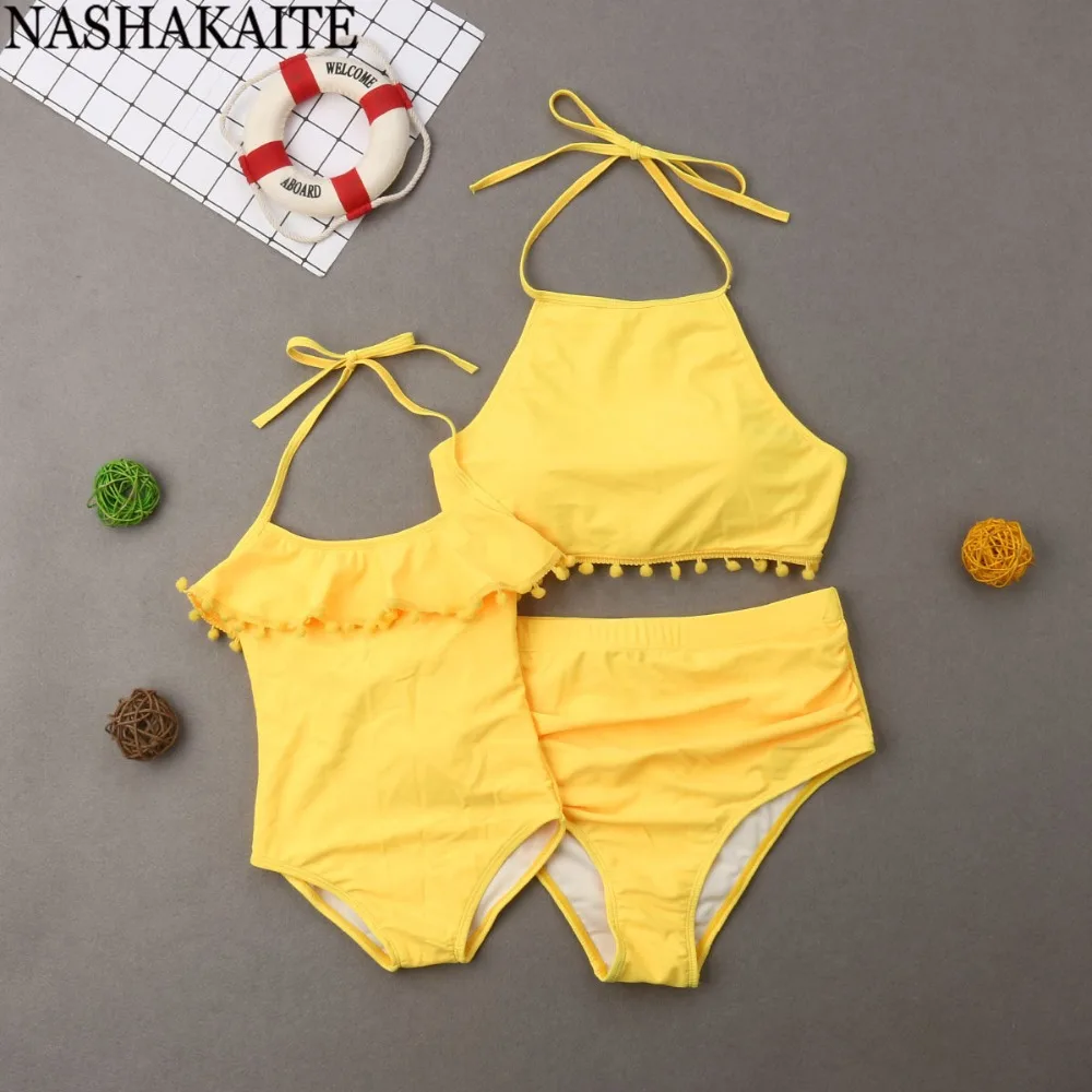 

NASHAKAITE Family Matching Swimsuit Solid Tassel Halter Swimwear 2019 Women Bathing Suit Children Swimsuit Mom and Daughter