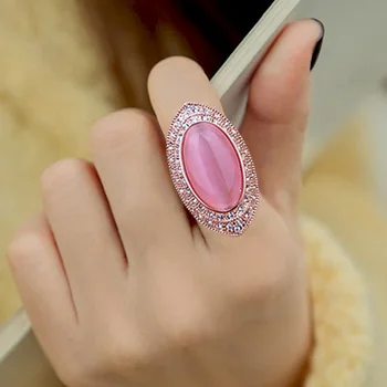 

Fashion Exaggerated Big Pink Cat'eye Crystal Stone Ring Oval Pigeon eggs Ring Rose Gold Color Women Party Decorate Jewelry